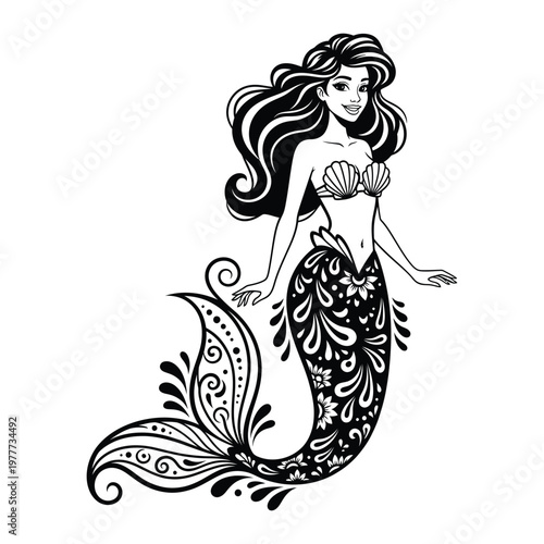 Black and white illustration of a smiling mermaid with long hair and floral tail design