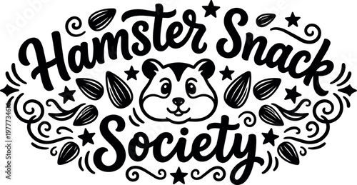Black and white handwritten hamster snack society lettering with seeds and stars