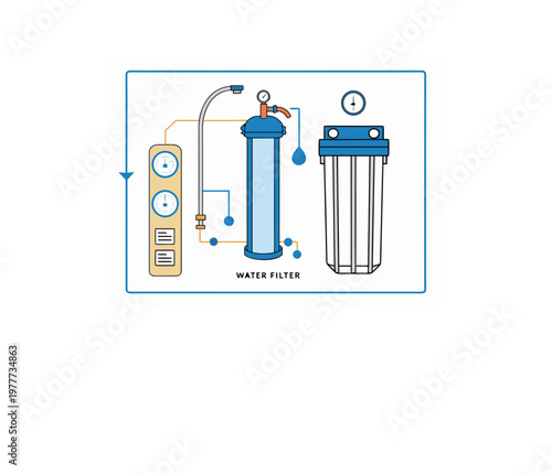 Water filtration purification system vector illustration with filter and gauge