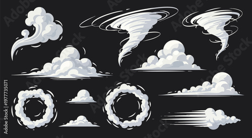 Cartoon smoke and wind effect set, white comic clouds and tornado icons on black background, 10 vector motion elements for animation