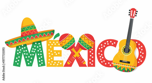 Mexican culture typography with sombrero and guitar, Mexico text vector illustration, festive latin american holiday celebration design