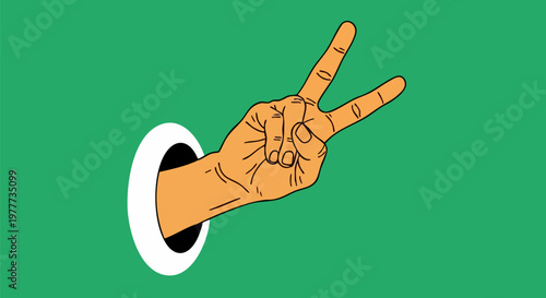 Retro comic style peace sign hand gesture, vintage pop art hand showing victory symbol, orange skin hand coming out of white hole on green background