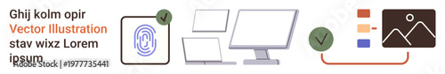 Digital security, identity verification, data management, media authentication, cybersecurity, technology. Fingerprint, computers and media interface icons. Identity verification and media