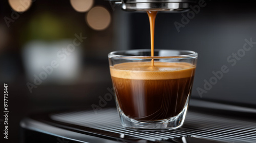 Fresh espresso pouring into glass cup from modern coffee machine, close up coffee brewing scene, morning caffeine ritual, rich crema and barista beverage concept, premium cafe styl
