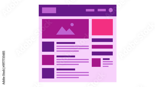 Modern flat vector illustration of a website interface layout or web page design template in purple and pink, featuring UI elements, content blocks, and image placeholders for front-end development.