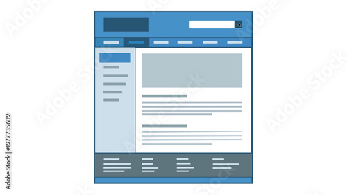Modern website homepage layout vector illustration featuring a clean UI design with navigation, search bar, and content sections. Minimalist flat icon for web design and digital marketing.