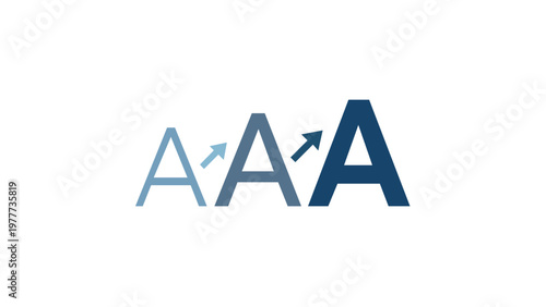Vector illustration of a font size adjustment icon featuring three capital letters A in increasing sizes and shades of blue with upward arrows, perfect for web design and accessibility UI.