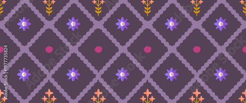Geometric floral diamond pattern on a rich violet background with a symmetrical checkerboard layout. Whimsical coquette vintage aesthetic with a decorative folk feel for textiles and surface design.