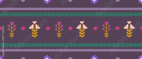 Geometric floral trellis pattern on a violet background with symmetrical diamond framing and stylized blossoms. Whimsical coquette vintage design with decorative repetition.