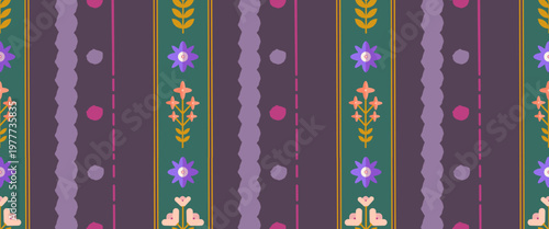 Symmetrical floral lattice pattern on a dark violet background with geometric diamond shapes and stylized flowers. Whimsical coquette vintage style with ornamental balance.
