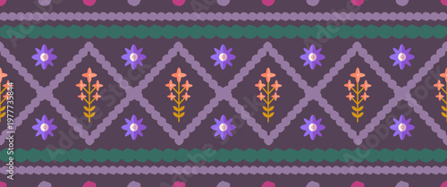 Geometric floral trellis pattern on a violet background with symmetrical diamond framing and stylized blossoms. Whimsical coquette vintage design with decorative repetition.