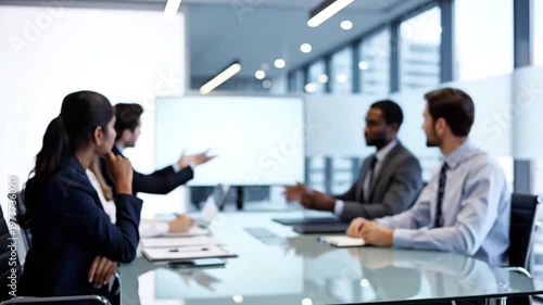 A diverse group of business professionals engaged in a meeting in a modern office space with a large screen