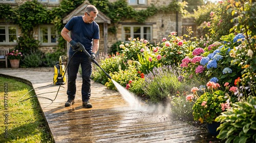A focused man stands firmly, efficiently pressure washing a wide wooden deck surface in a picturesque, well-maintained garden flourishing with beautiful flowers and plants.