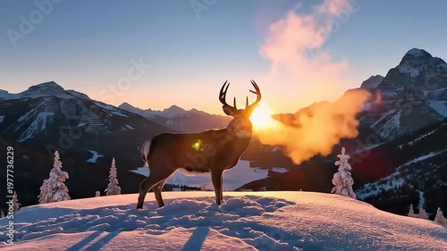 Majestic deer standing on snowy peak
