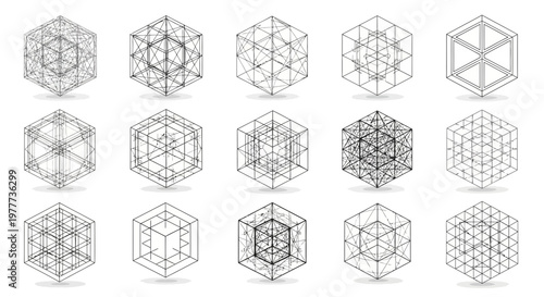 Abstract Geometric Network Cubes, Wireframe Structures, Digital Art, Futuristic Design