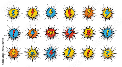Comic Book Explosion Speech Bubbles with Lightning Bolts and Exclamations