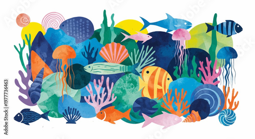 Colorful Underwater World: Coral Reef with Fish, Jellyfish, and Seashells - Vibrant Illustration
