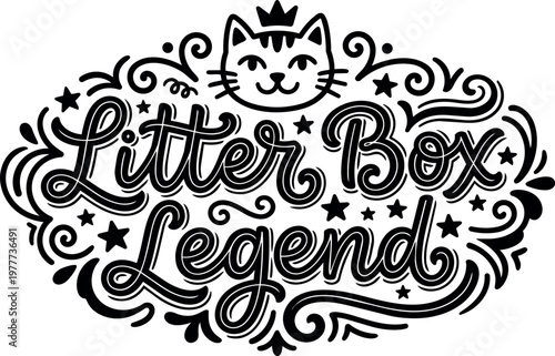 Handwritten litter box legend lettering with cat face and decorative swirls