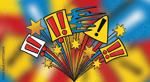 Explosion of Exclamation Marks and Stars, Bright Colors, Celebration, Surprise, Announcement