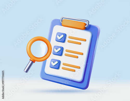 Checklist clipboard 3D icon. List with check mark and magnifying glass. Concept of planning, quality assessment or inspection. Cartoon hand drawn vector illustration in plasticine style