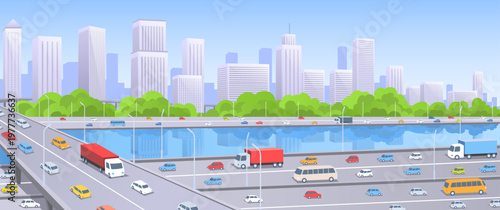 Cityscape panorama. Infrastructure with Roadway, Bridge of Driveway, Highway Overpass and Skyscrapers. Urban traffic with cars drive by road interchange. Flat cartoon hand drawn vector illustration