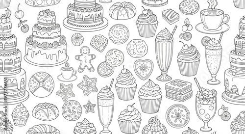 Hand-drawn bakery assortment: cakes, cupcakes, cookies, bread, and drinks seamless pattern