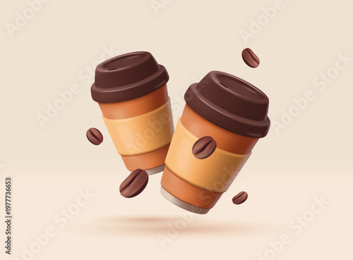 Realistic Paper Cups. Banner with coffee cups and coffee beans. Mugs with hot drinks. Design for advertising and promotion of coffee shops 3D hand drawn vector illustration in plasticine style