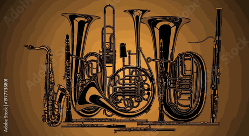 Orchestral Brass and Woodwind Instruments Collage Abstract Background