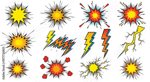 Explosion Comic Style Elements, Lightning Bolts, and Energy Bursts