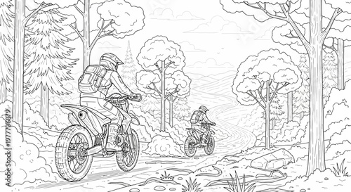 Motorcyclists riding dirt bikes on a forest trail, outdoor adventure, line art