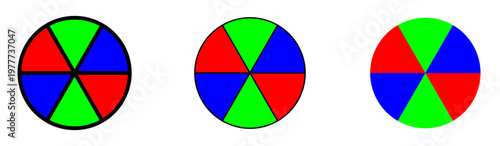 Pie Chart or Circle Graph Style RGB Red Green Blue Color Diagram Icon Set. Vector Image.