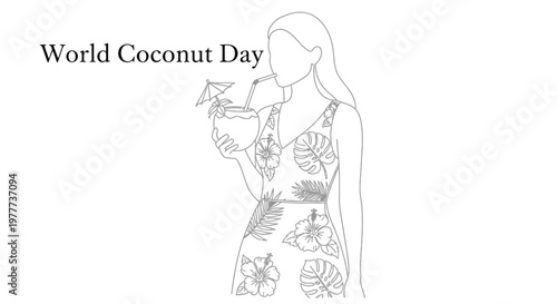 Line drawing of a woman enjoying a tropical drink with floral details celebrating world coconut day
