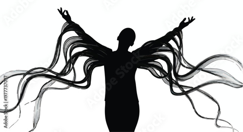 Silhouette of woman with flowing hair arms outstretched