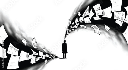 man looking at flying papers tunnel