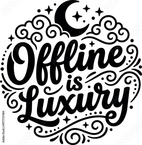 Black and white calligraphic offline is luxury lettering with moon and swirls