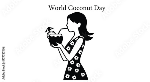 Silhouette of a woman drinking from a coconut with a straw celebrating world coconut day