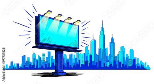 blue city skyline with illuminated billboard advertisement