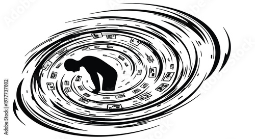 overwhelmed businessman drowning in paperwork storm