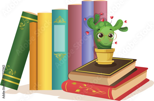 Cute cactus on decorative books stack