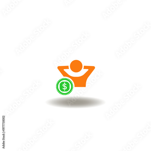 Vector illustration of relaxed man with hands behind head and cash coin. Symbol of passive income.