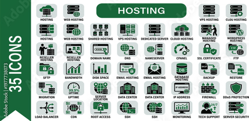 Modern flat icon set for comprehensive web hosting services, depicting server management, data center operations, cloud technology, online security, and digital infrastructure concepts