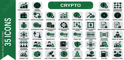 Modern vector icon set representing core concepts of digital assets, secure ledger systems, virtual economy, and decentralized finance technology