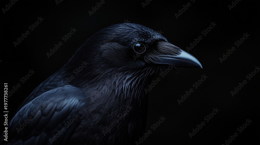 Fototapeta premium Majestic black raven portrait with sleek feathers on dark background, symbolizing mystery and intelligence in wildlife