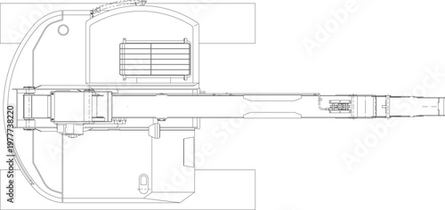 Technical engineering drawing showing a top-down plan view of a crawler crane featuring a long telescopic boom and tracked undercarriage.