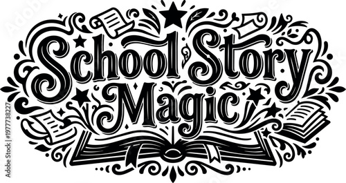 School story magic black and white lettering with stars and open book vector art