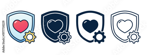 Shield Love Icon with Heart and Gear Symbol. Relationship Protection and Care System. Vector Illustration