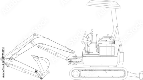 Technical engineering drawing showing a side elevation of a compact mini excavator featuring a hydraulic arm, bucket, crawler tracks, and operator cabin.
