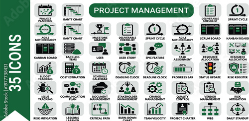 Comprehensive collection of project management vector icons for business planning, task scheduling, agile methodology, and risk assessment workflows, perfect for software interfaces