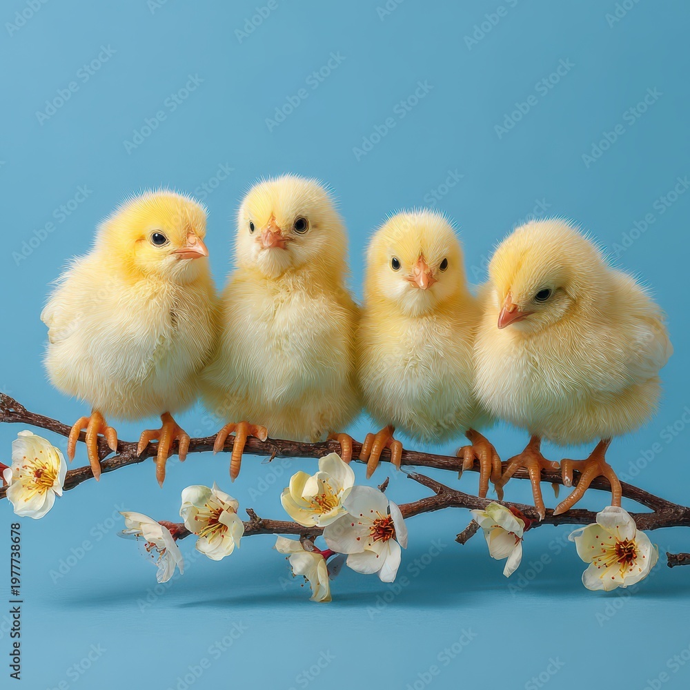 Fototapeta premium Charming yellow chicks on a spring branch