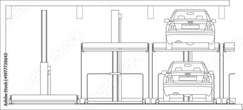 Technical engineering drawing showing a rear elevation of an automated multi-level car parking system with sedans stacked on lifts and structural frames.